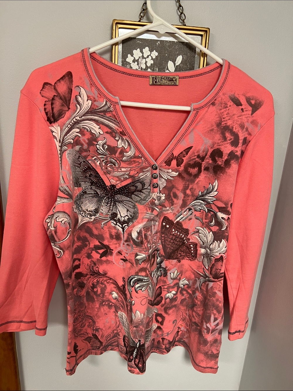Coral Butterfly-Print Long Sleeve V-Neck Top by Willie Smith